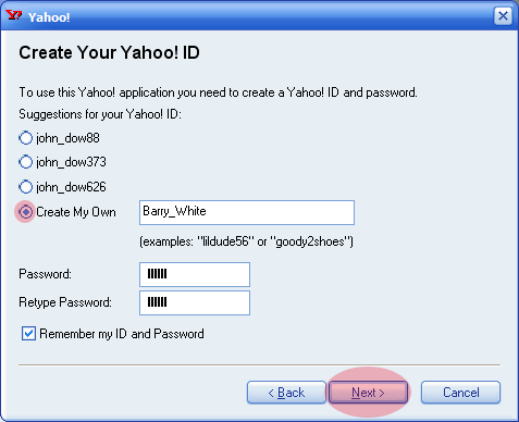 Yahoo Create ID window
