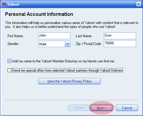 Yahoo personal account info window
